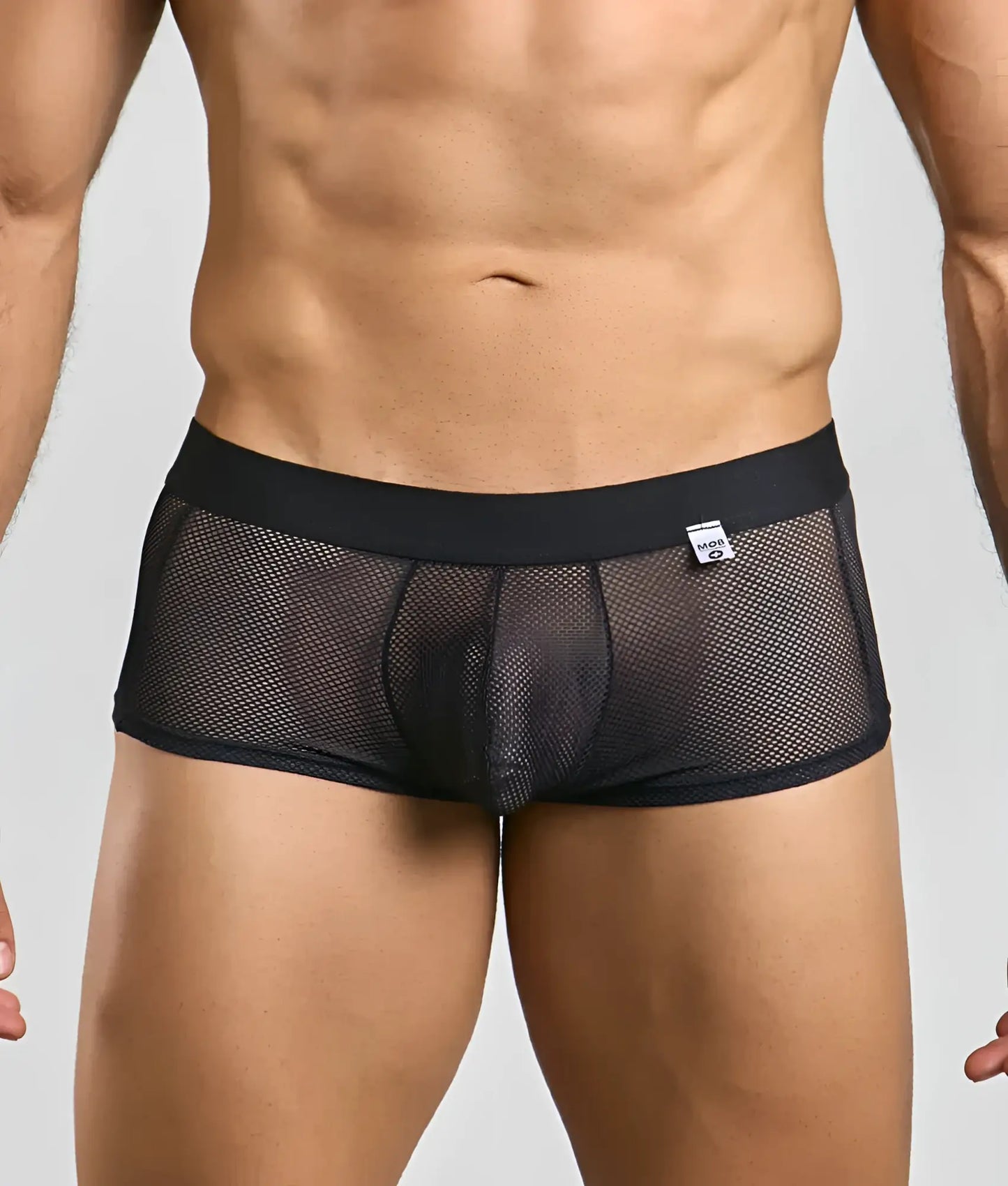 Black mesh mob fishnet boxer briefs with solid black waistband and small white brand tag visible on front
