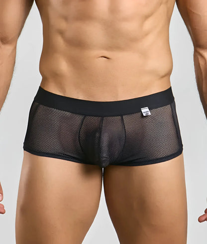 Black mesh mob fishnet boxer briefs with solid black waistband and small white brand tag visible on front