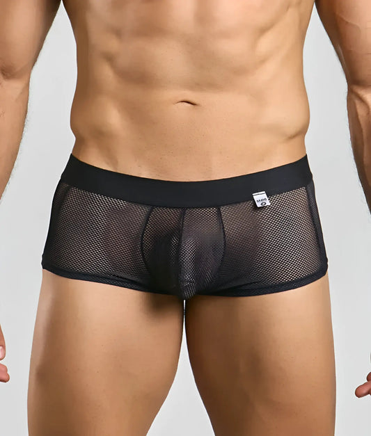 Black mesh mob fishnet boxer briefs with solid black waistband and small white brand tag visible on front