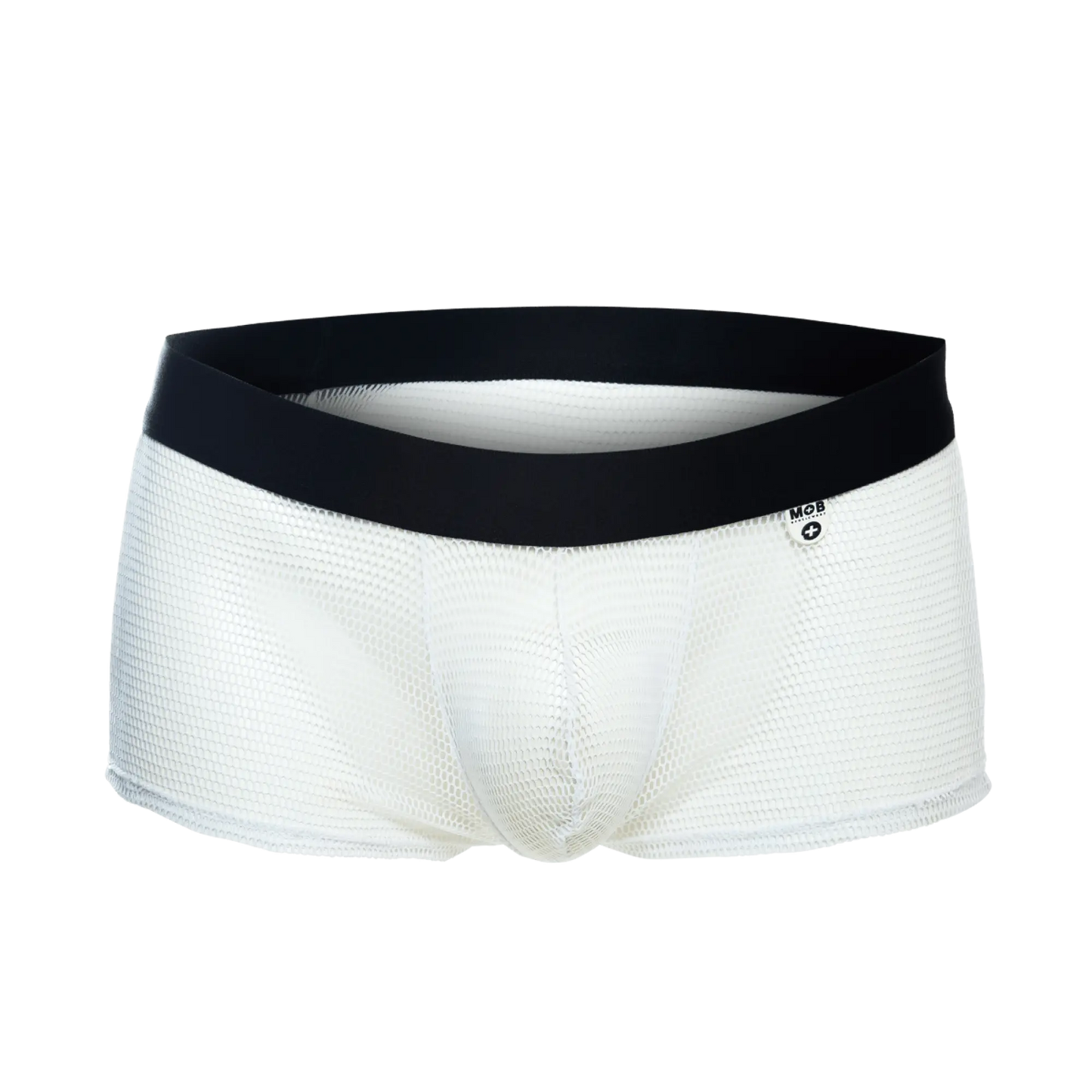 White mesh briefs with black elastic waistband and mcb logo on the side mob fishnet boxer product