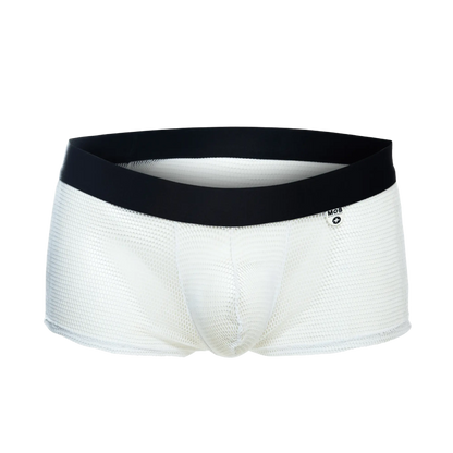 White mesh mob fishnet boxer briefs with black elastic waistband and mcb logo on the side