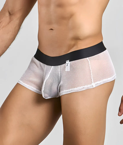 White mesh MOB fishnet boxer briefs with a black elastic waistband and small white tag visible on the front
