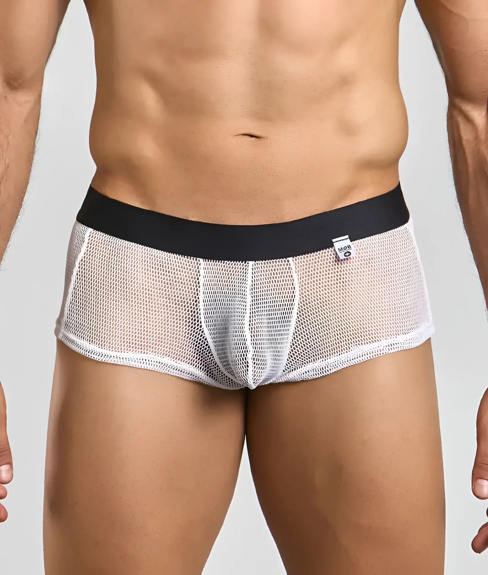 MOB fishnet boxer white mesh briefs with a black waistband designed for breathable comfort and style