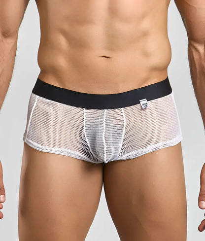MOB fishnet boxer white mesh briefs with a black waistband designed for breathable comfort and style