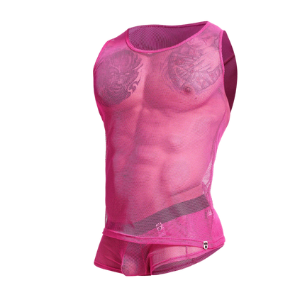A vibrant hot pink MOB fishnet tanktop with a fitted, form-fitting design made of breathable mesh material