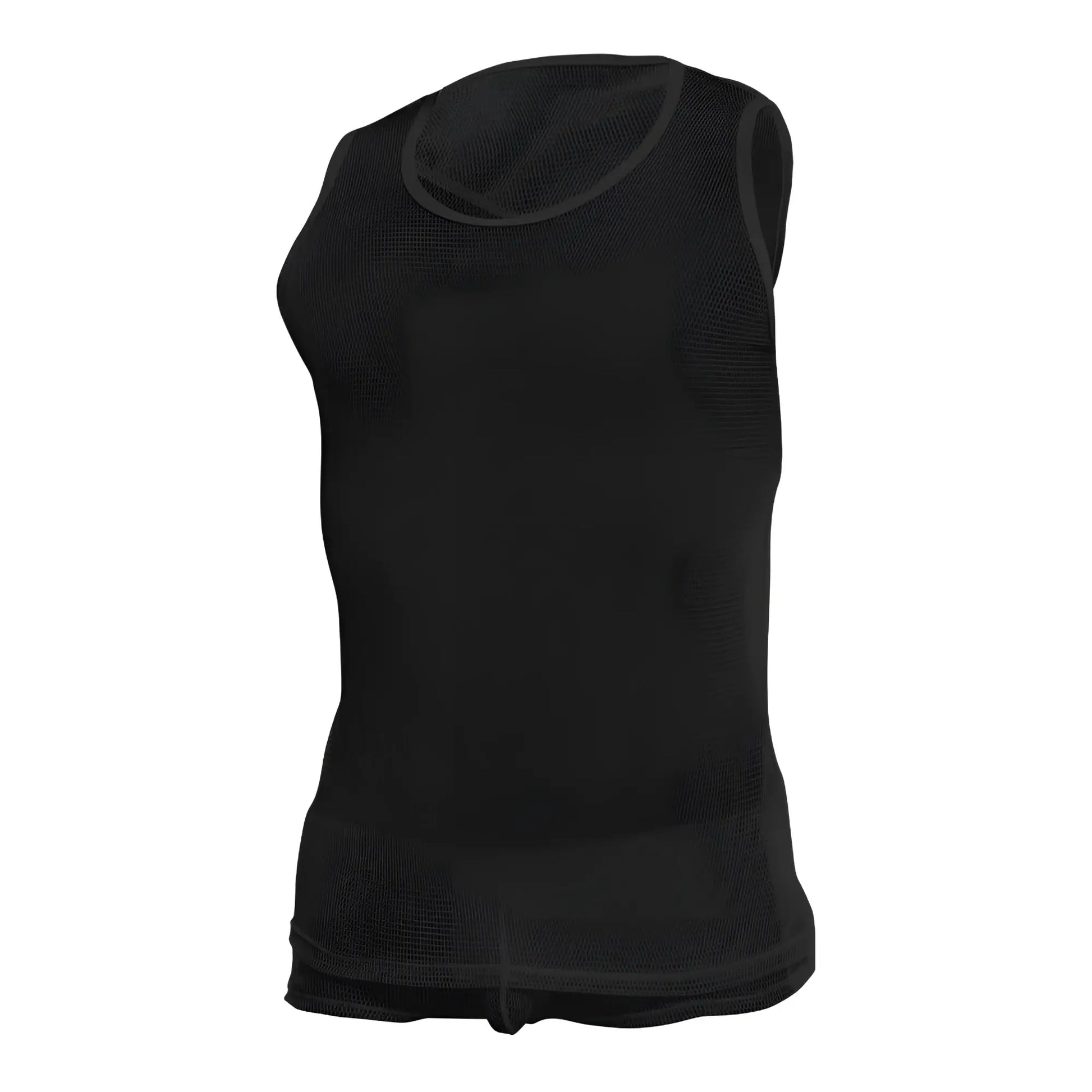 Black mesh sleeveless tanktop with rounded neckline and ribbed hem in MOB fishnet tanktop style