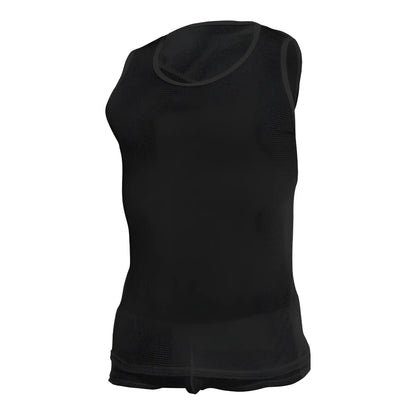 Black mesh sleeveless tanktop with rounded neckline and ribbed hem in mob fishnet tanktop style
