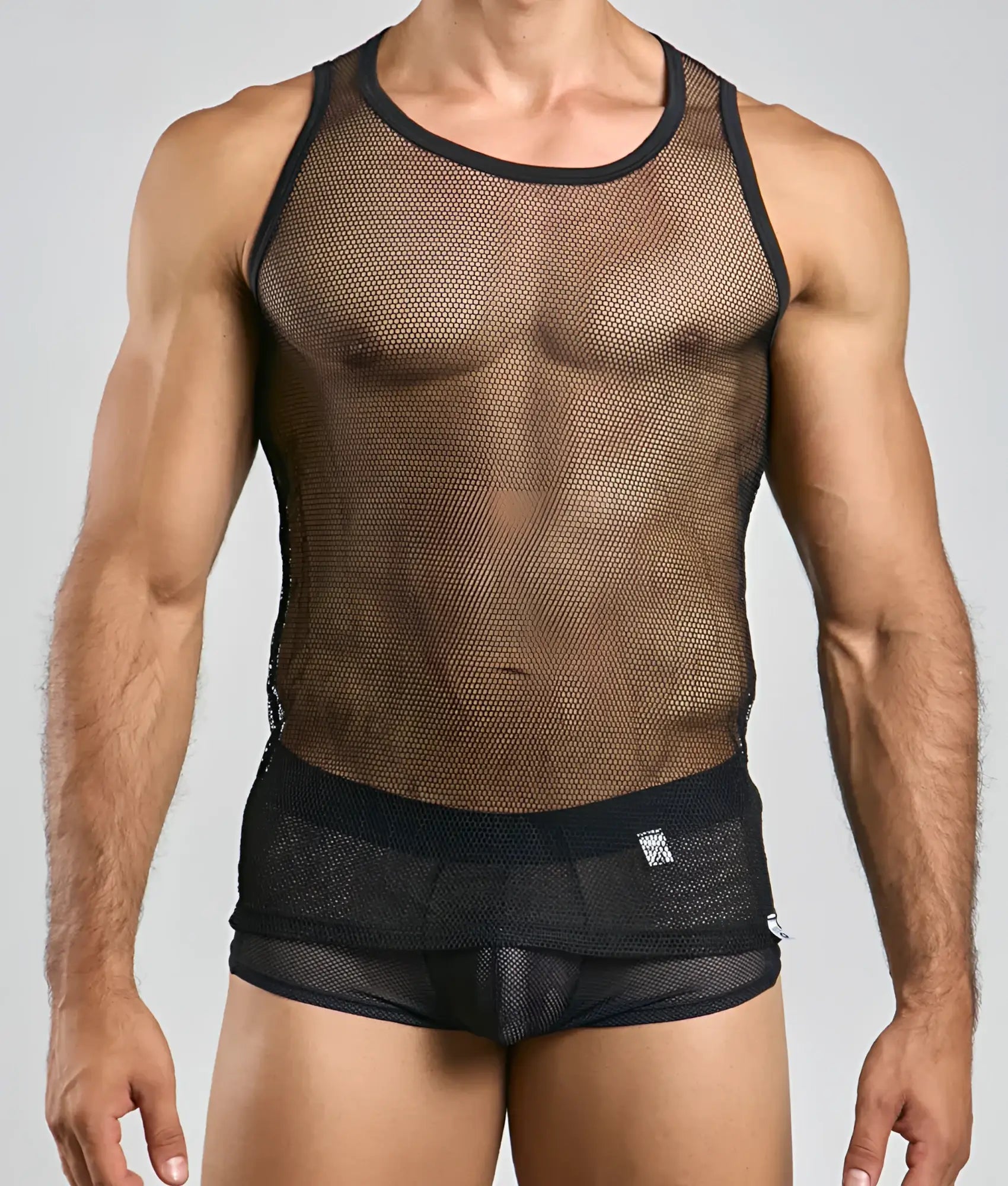 Black mesh tank top mob fishnet tanktop with round neckline and reinforced black trim along edges