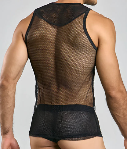 Black mesh tank top mob fishnet tanktop with sheer breathable fabric and reinforced trim on neckline and waistband