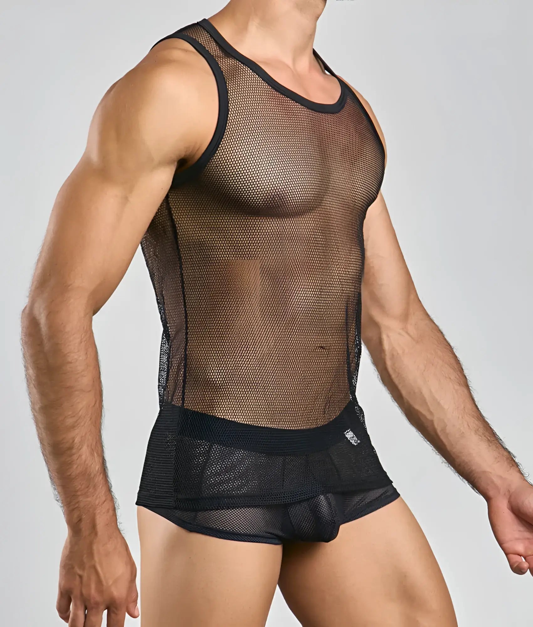 Black mesh fishnet tank top with black trim and matching briefs set showcasing breathable mesh material