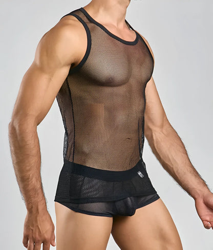 Black mesh fishnet tank top with black trim and matching briefs set showcasing breathable mesh material
