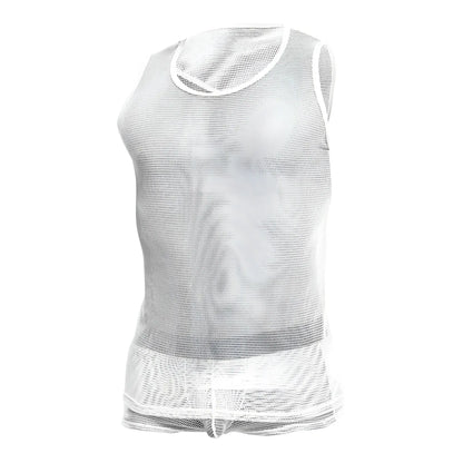Mob fishnet tanktop white mesh tank top with round neckline and hemmed edges front view