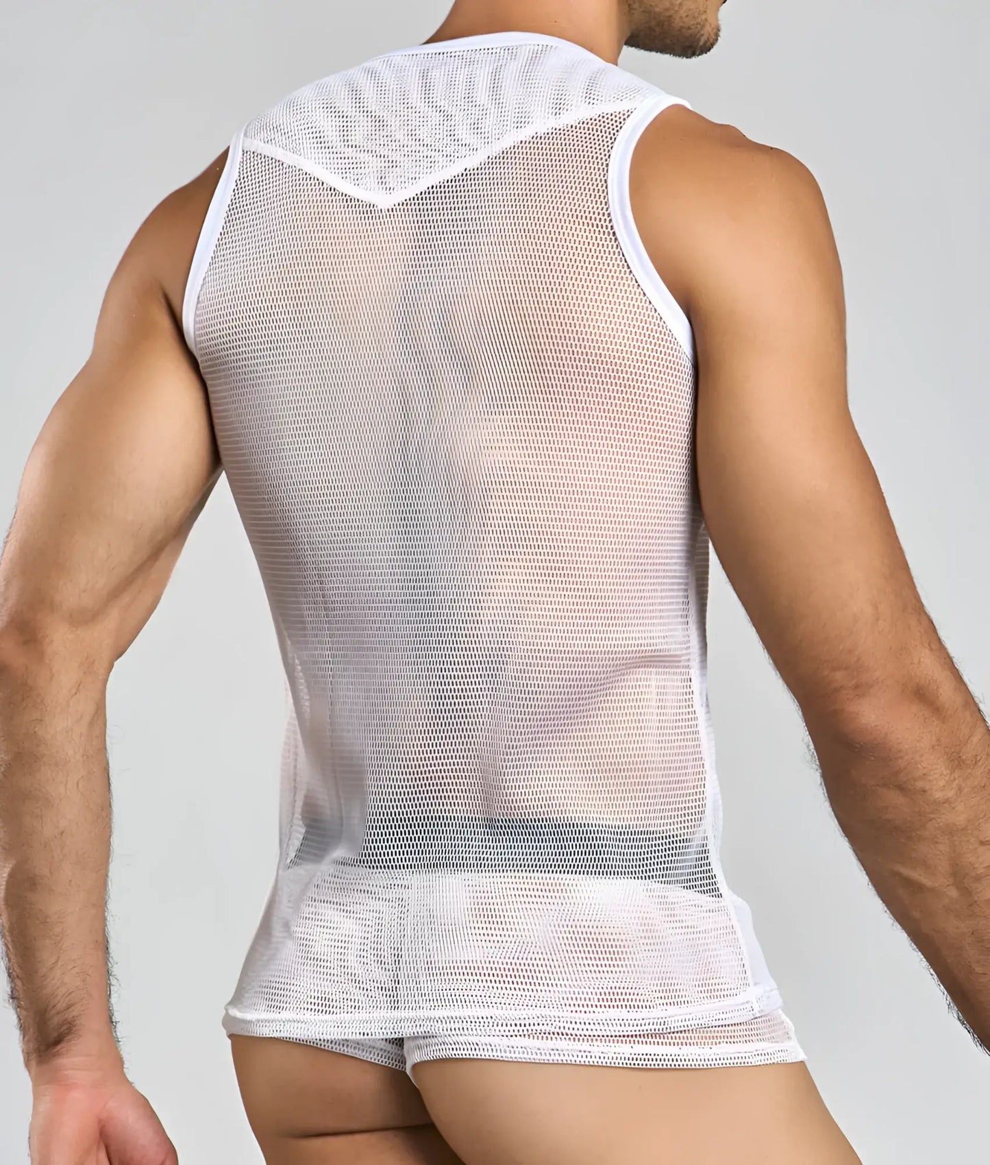 MOB fishnet tanktop white mesh v-neck with reinforced white trim edges for breathable summer wear