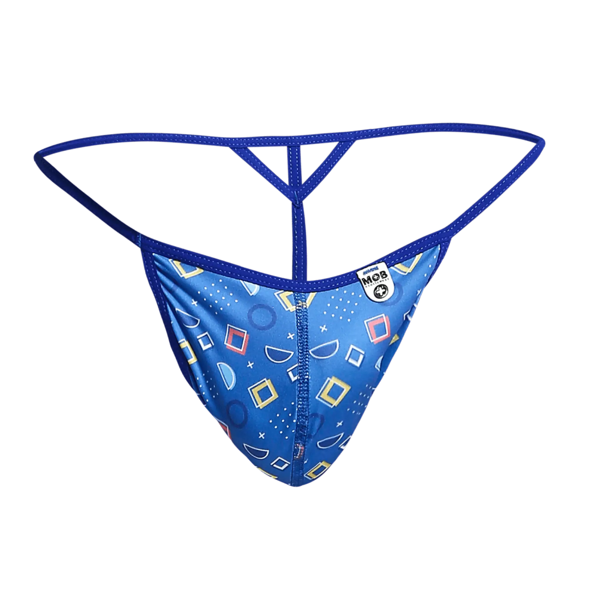 Blue patterned mob hipster t thong print with geometric shapes and central zipper on front side