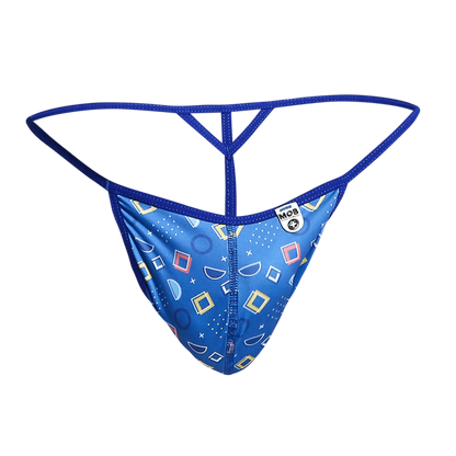 Blue patterned mob hipster t thong with geometric shapes and central zipper for stylish comfort and support