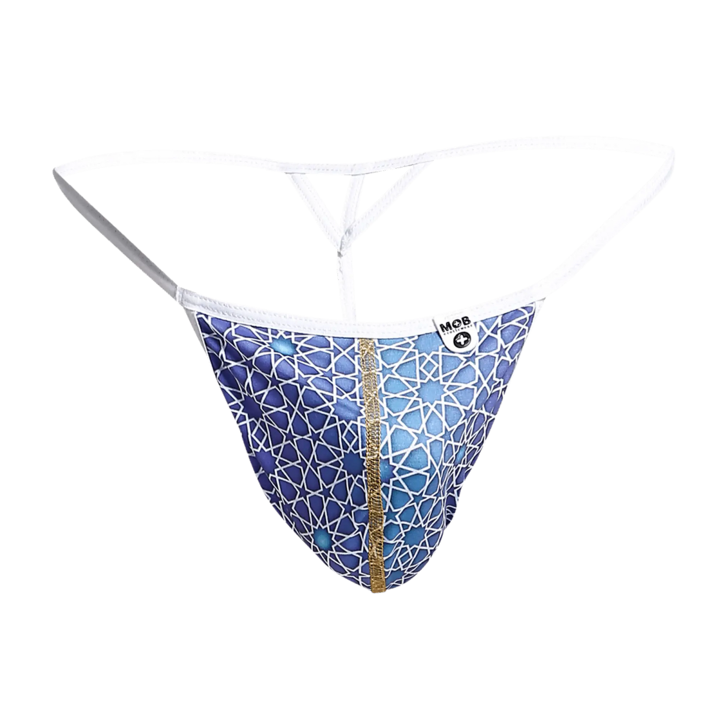 Mob hipster t thong print blue patterned thong with white geometric design gold zipper and white waistband front view