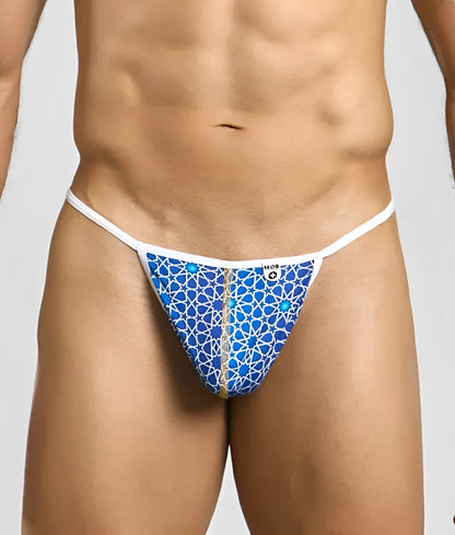 Blue patterned MOB hipster T thong with white trim and gold zipper featuring intricate geometric design