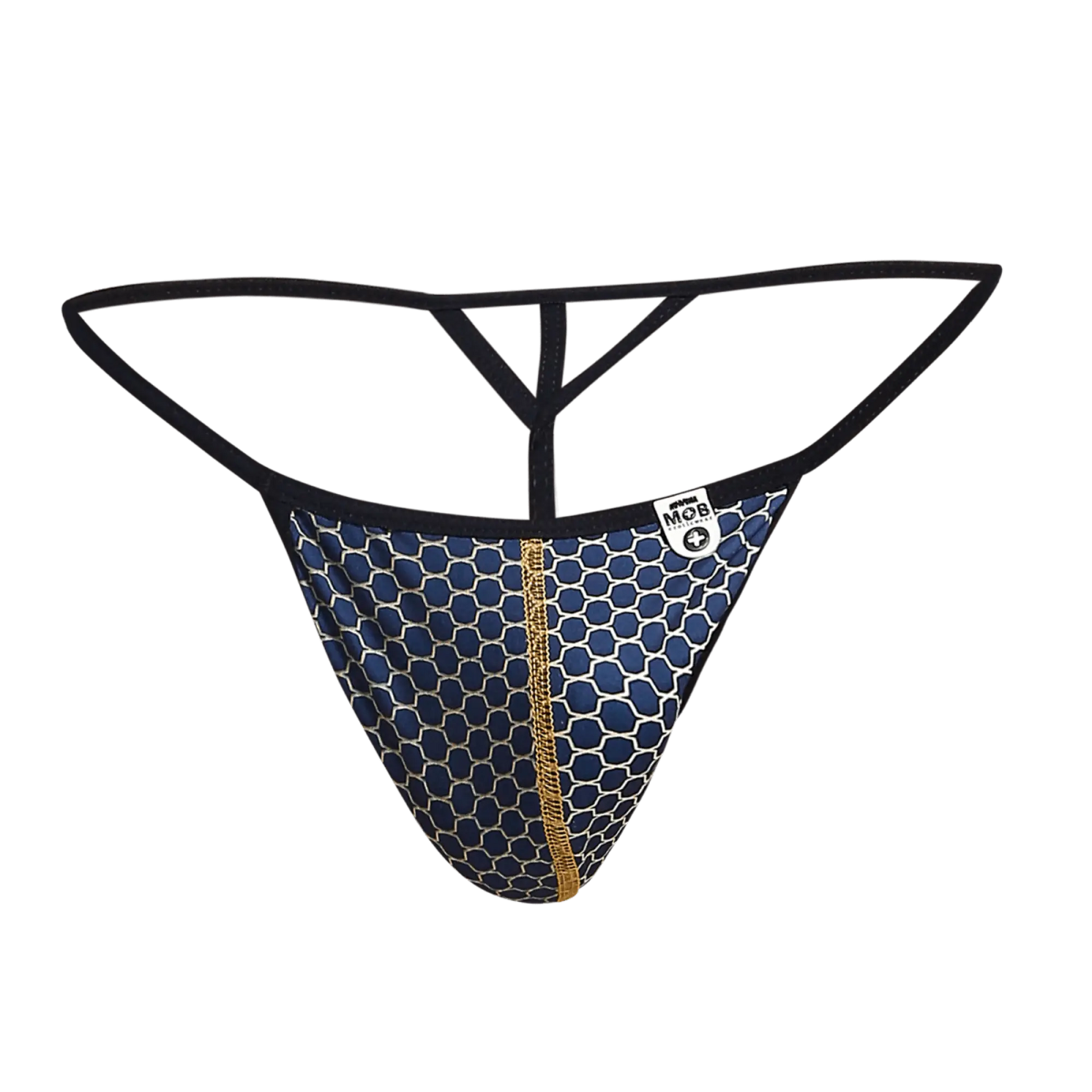 Mob hipster t thong print in blue and white honeycomb pattern with gold zipper and black elastic straps