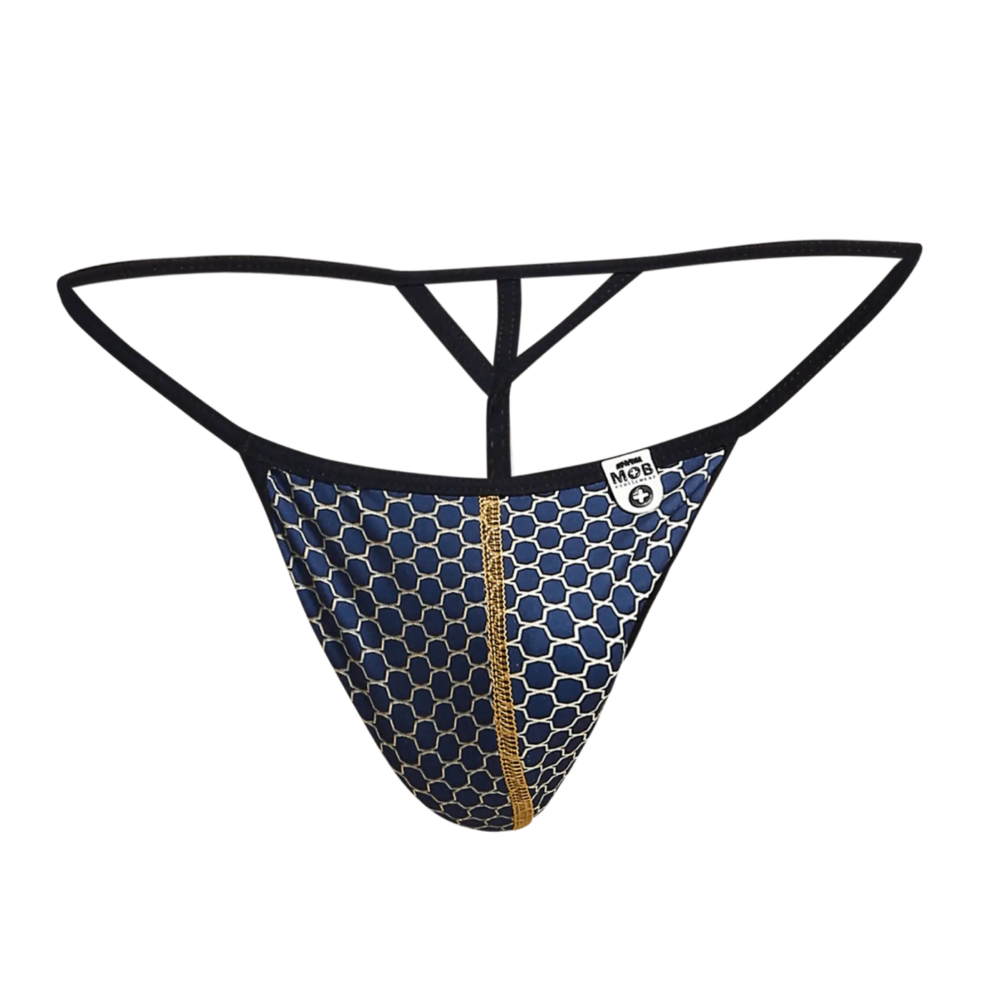 MOB Hipster T Thong print in blue and white honeycomb pattern with gold zipper and black elastic straps