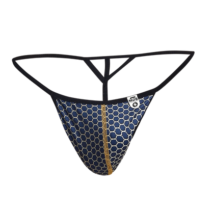 MOB Hipster T Thong print in blue and white honeycomb pattern with gold zipper and black elastic straps