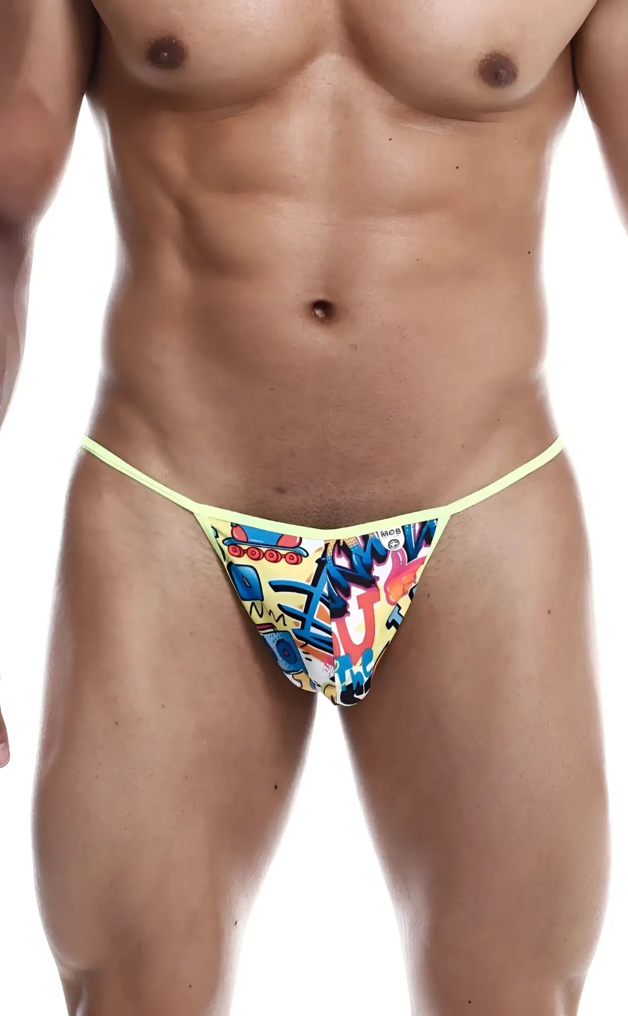 Bright yellow mob hipster t thong print with vibrant graffiti-style colorful cartoon characters and bold lettering