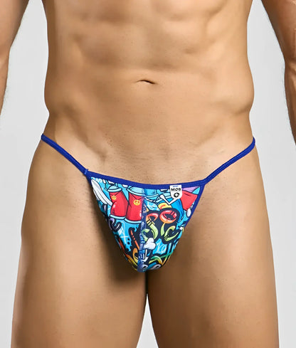 Vibrant blue and multicolored graffiti patterned hipster t thong with royal blue waistband featuring mob logo