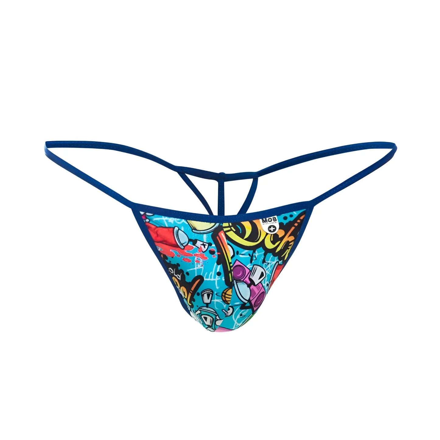 Vibrant mob hipster t thong print with bold blue red and purple graffiti pattern and navy elastic waistband