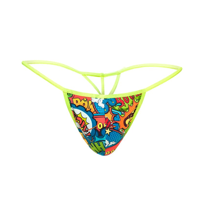 Vibrant neon green mob hipster t thong print with bold comic book speech bubbles and colorful action words design