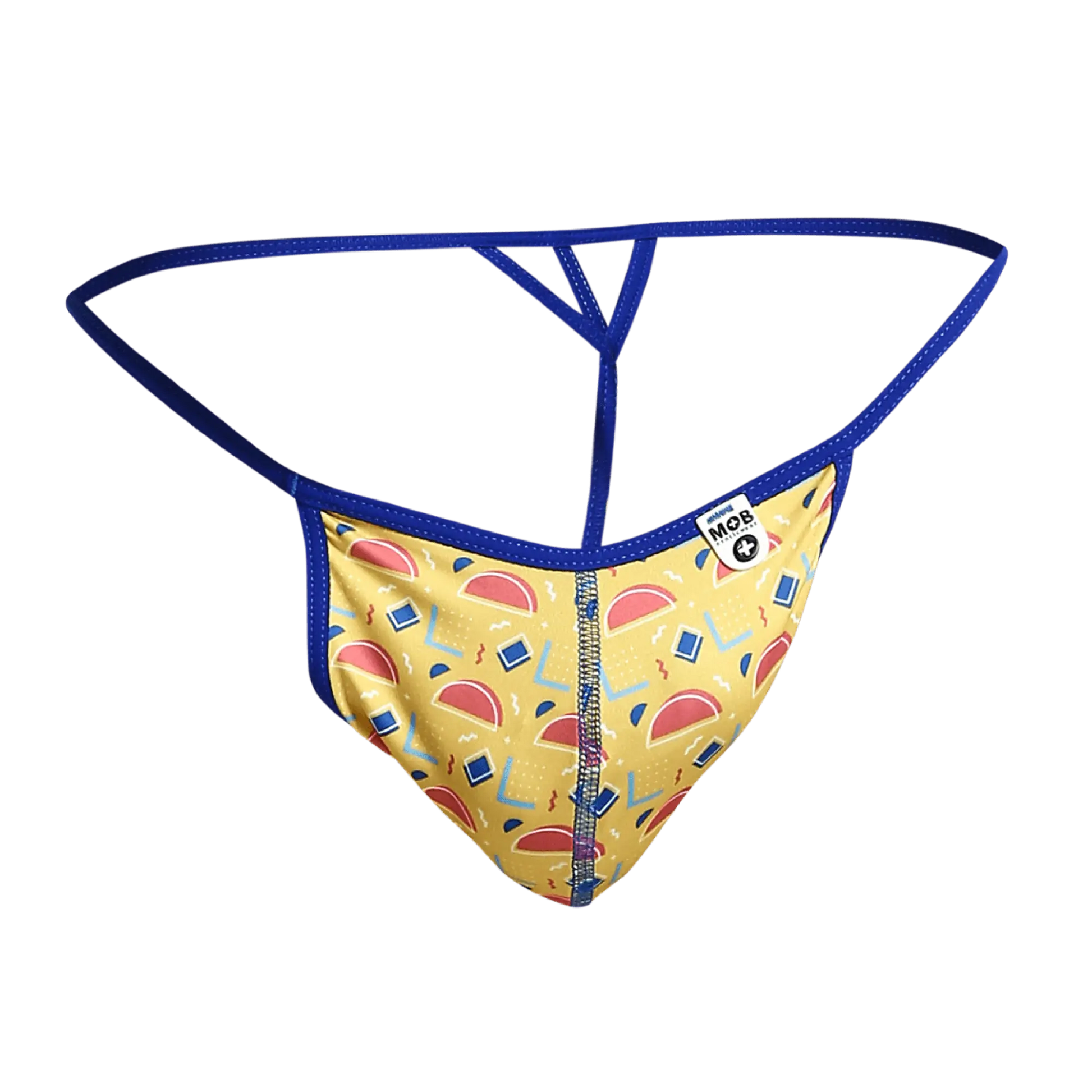 Yellow and blue patterned mob hipster t thong print with red semicircles geometric shapes and central zipper