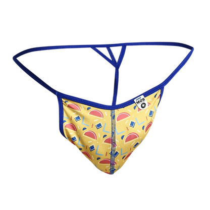 Mob hipster t thong print in yellow and blue with red semicircles geometric shapes and a central zipper detail