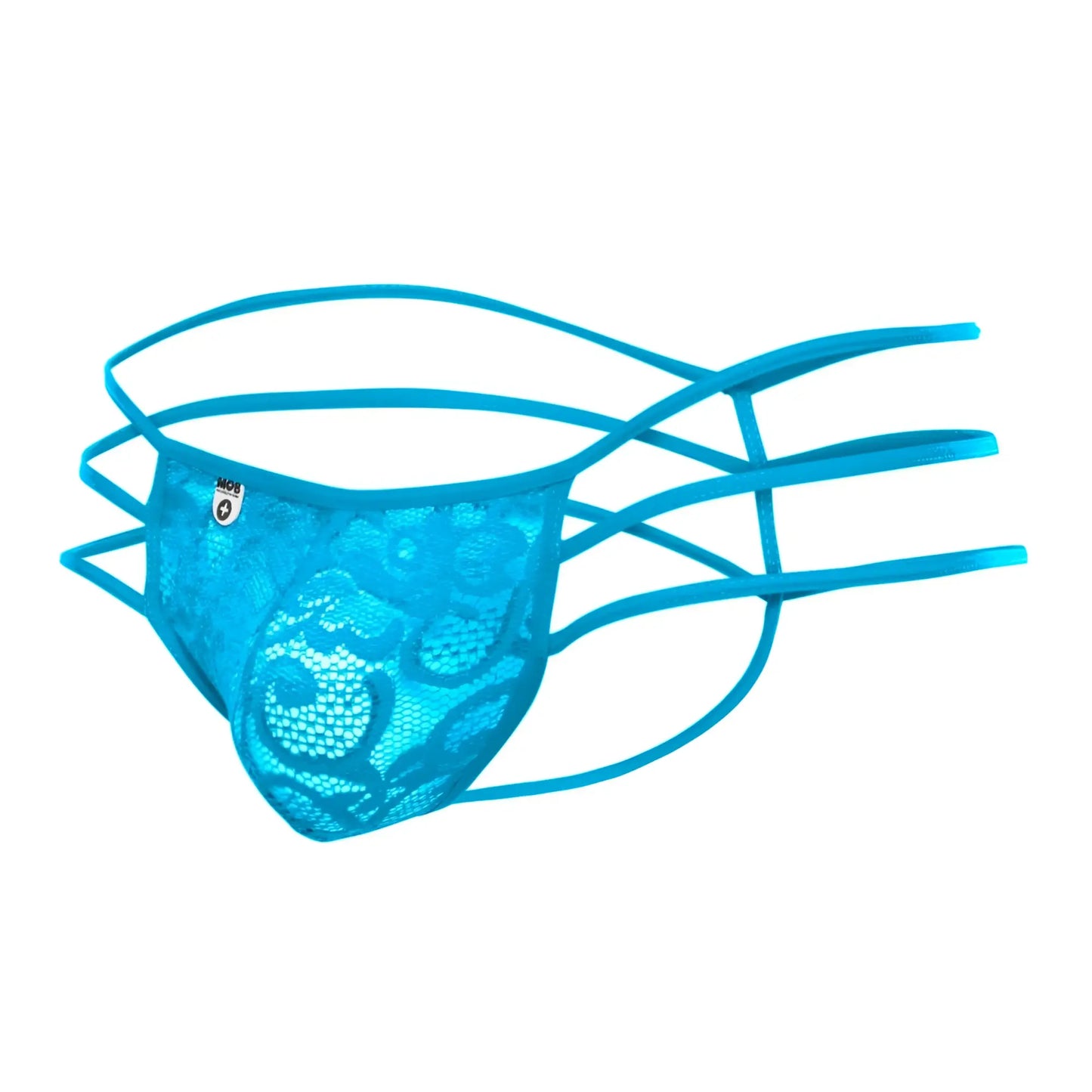 MOB men’s bright blue lace thong with crisscrossing elastic straps and lace pouch for a bold fit
