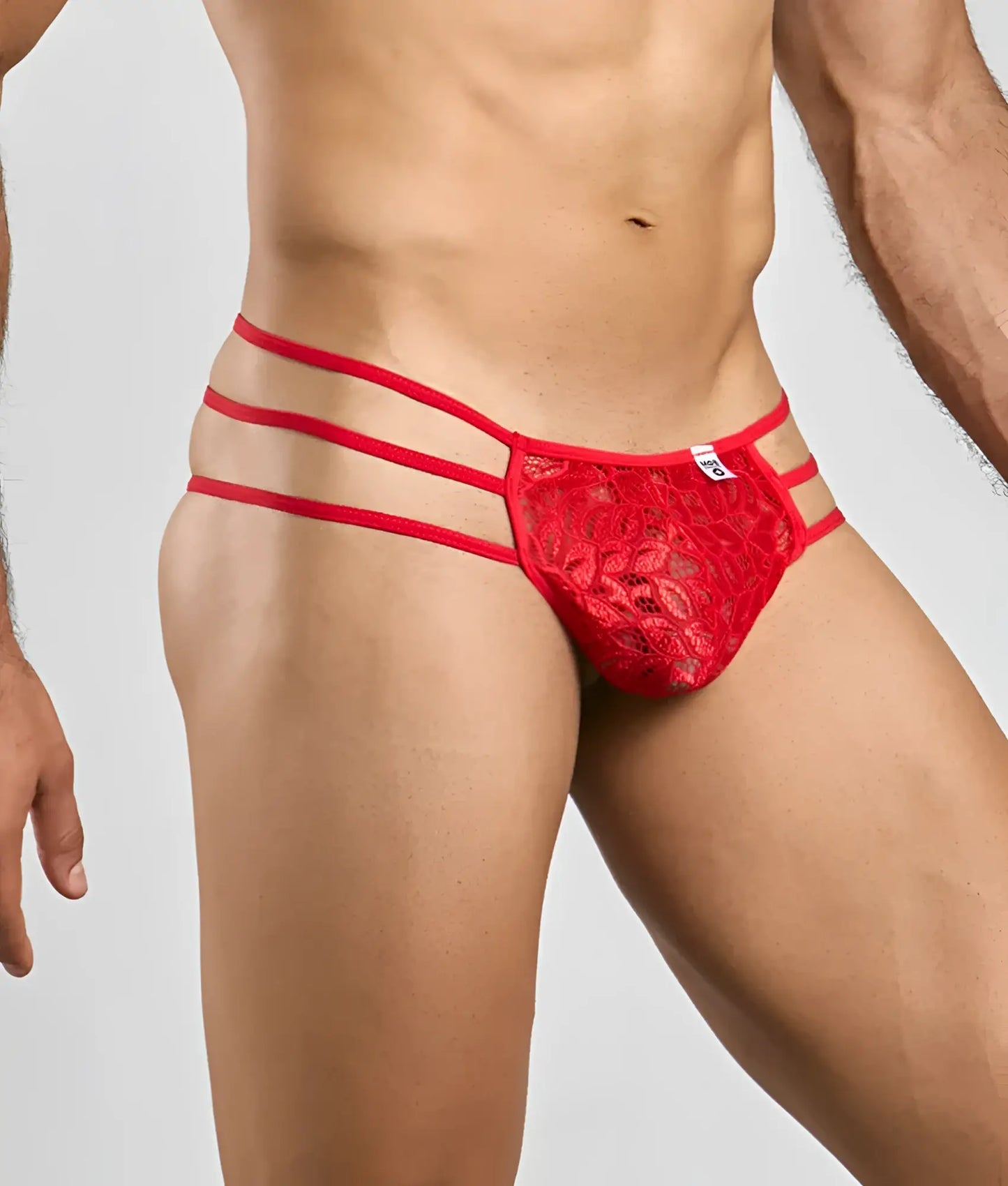 Red lace MOB men’s pouch thong with three horizontal straps and lace material for stylish comfort