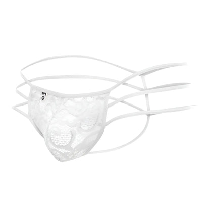 White lace thong by mob with multiple thin straps and delicate floral pattern designed for men