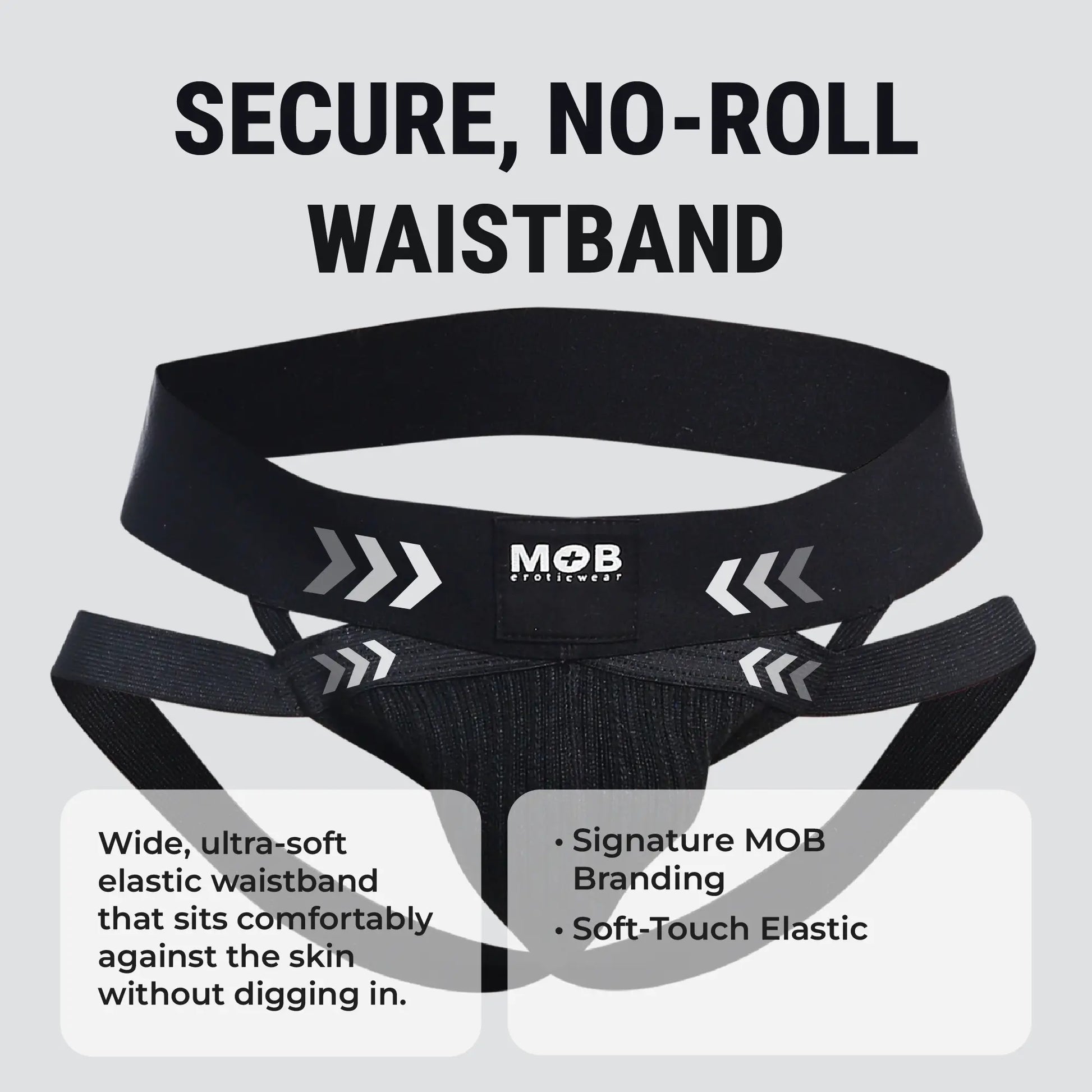 Men’s x jockstrap with black elastic waistband featuring white arrow graphics and mob eroticwear branding back side view