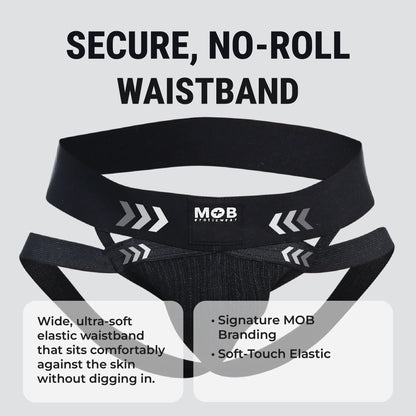 Men’s x jockstrap with black elastic waistband featuring white arrow graphics and mob eroticwear branding back side view