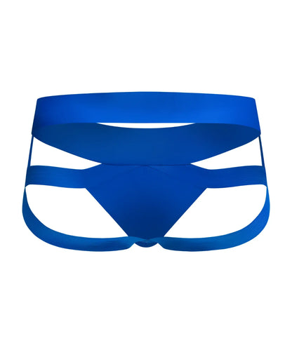 Men’s x jockstrap blue athletic briefs with supportive strappy design for active wear front view