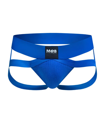 Men’s x jockstrap in bright blue with bold crisscross design and elastic waistband form-fitting athletic briefs