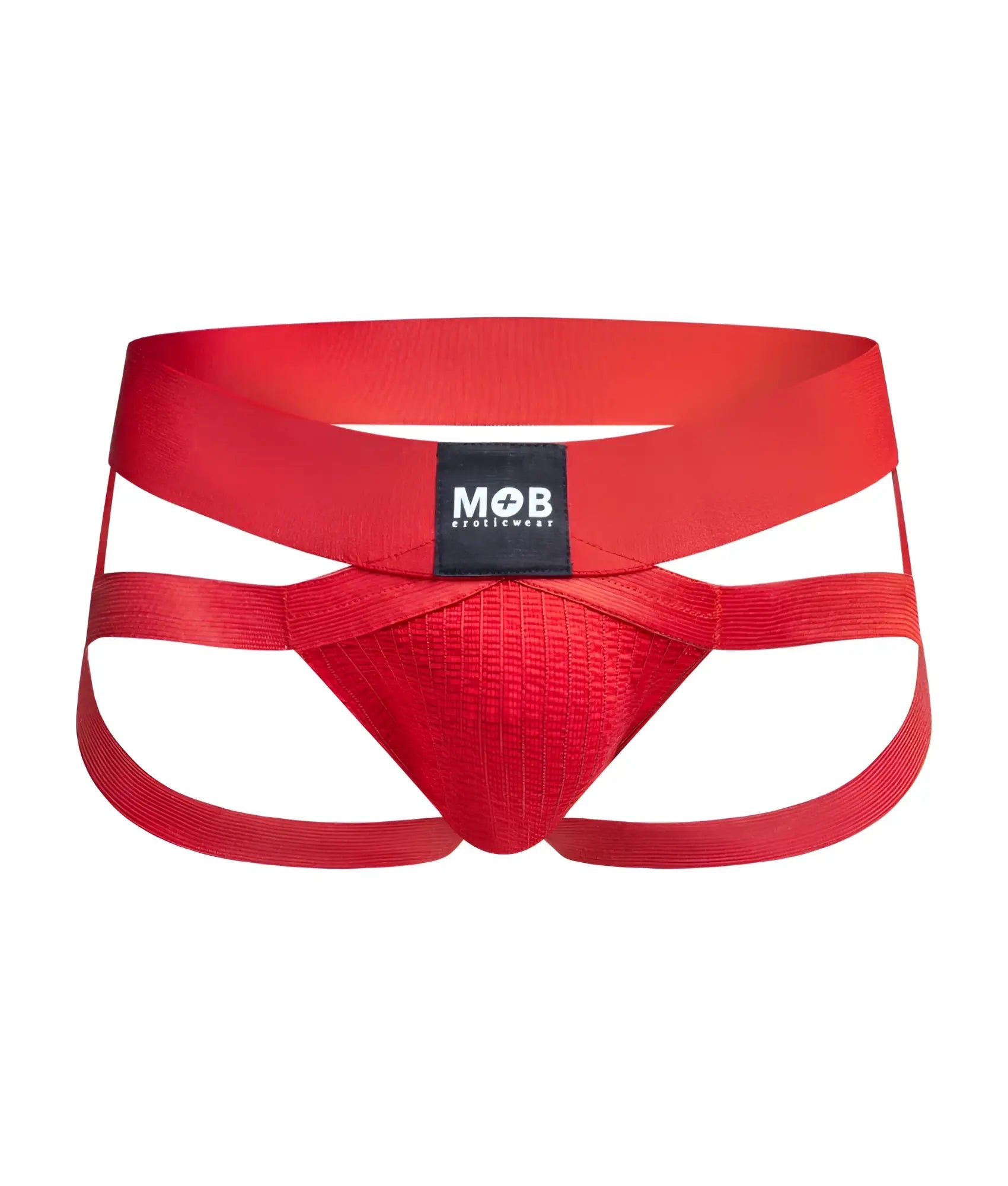 Men’s x jockstrap red fabric briefs with bold crisscross design and black mob eroticwear waistband label