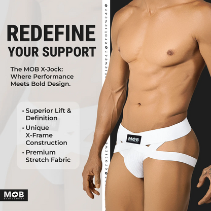 Men’s x jockstrap in white with x-frame construction and premium stretch fabric from mob eroticwear shown from back side