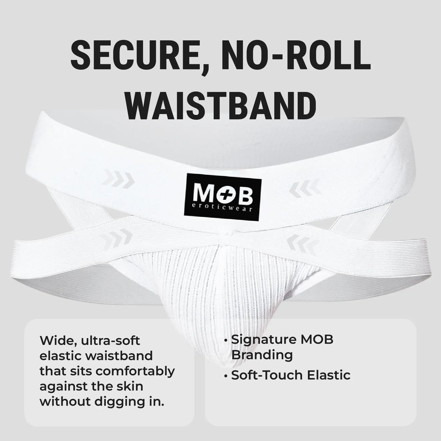 Men’s x jockstrap white eroticwear briefs with secure no-roll elastic waistband and soft-touch fabric front view