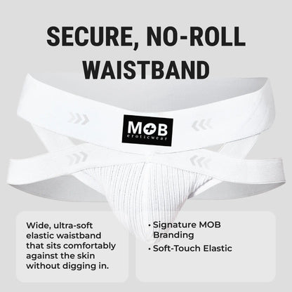 Men’s x jockstrap white eroticwear briefs with secure no-roll elastic waistband and soft-touch fabric front view