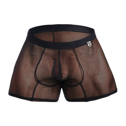 Black mob mesh boxer men’s underwear with solid black waistband and trim made from breathable mesh fabric