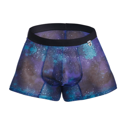 Purple and blue galaxy patterned mesh boxer briefs with black elastic waistband from mob mesh boxer collection