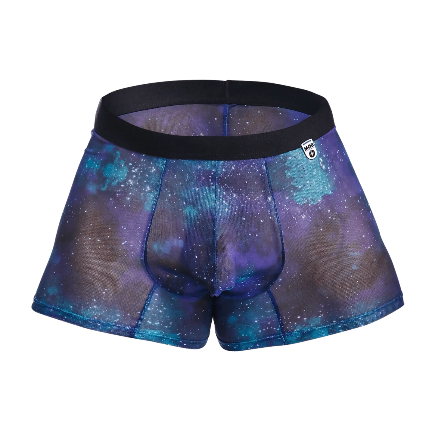 Purple and blue galaxy-patterned mesh mob boxer briefs with black elastic waistband for breathable comfort