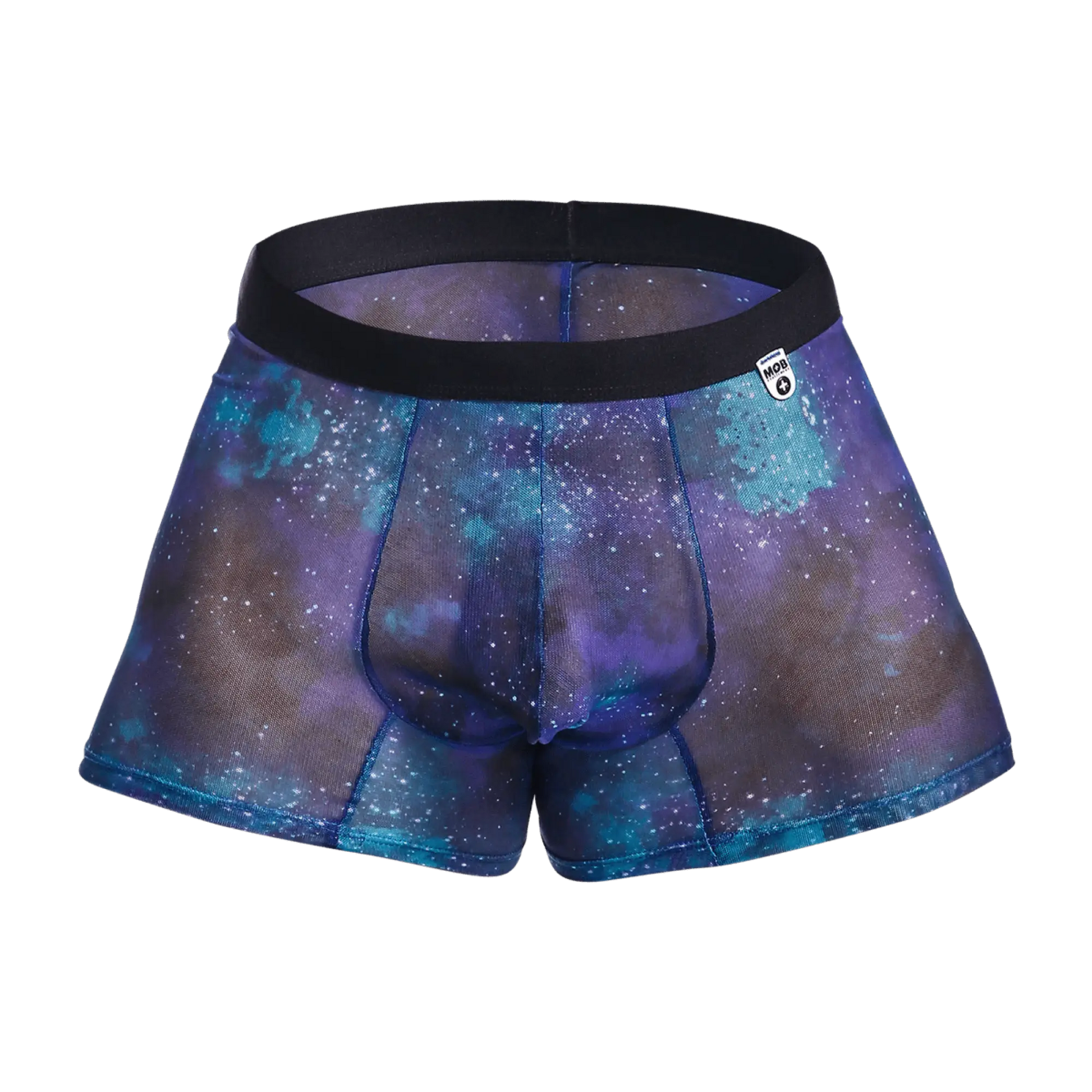 Purple and blue galaxy-patterned mesh mob boxer briefs with black elastic waistband for breathable comfort