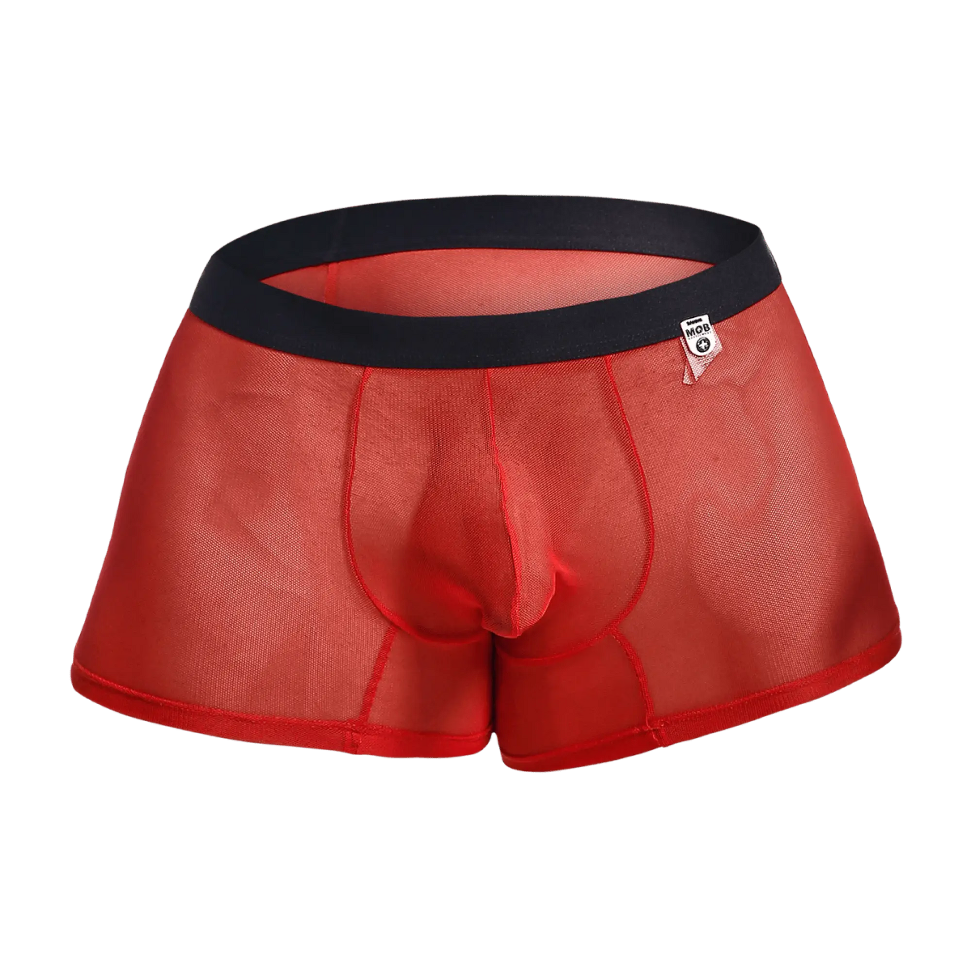 Red sheer mesh men’s boxer briefs mob mesh boxer with black elastic waistband and small white brand tag