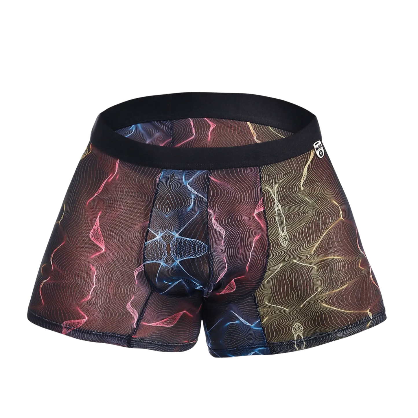 MOB mesh boxer vibrant multicolored men’s boxer briefs with abstract pink blue gold wave pattern on sheer mesh fabric