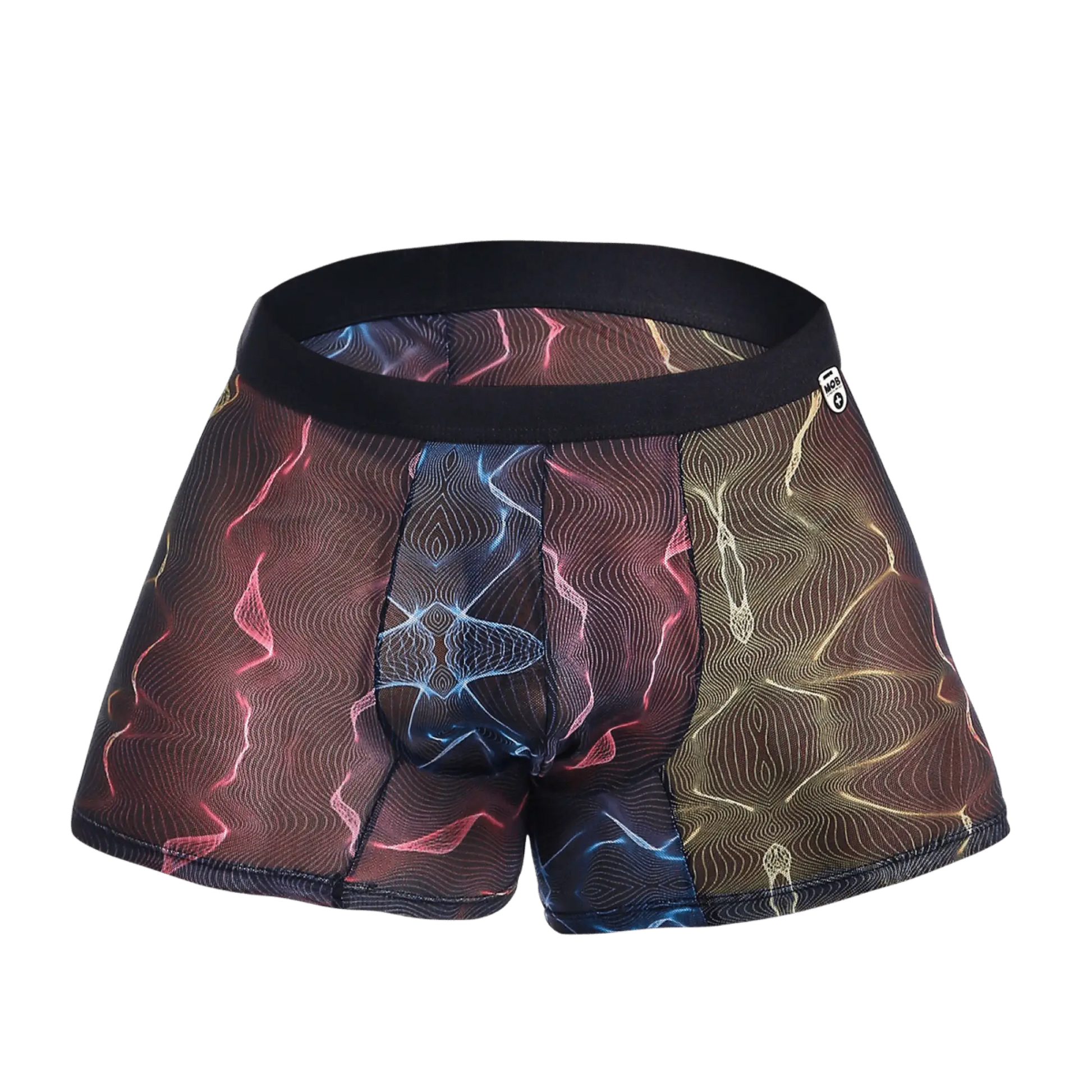 MOB mesh boxer vibrant multicolored men’s boxer briefs with abstract pink blue gold wave pattern on sheer mesh fabric