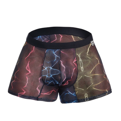 Multicolor mesh boxer briefs with an abstract wave pattern in pink, blue, and gold on sheer fabric.