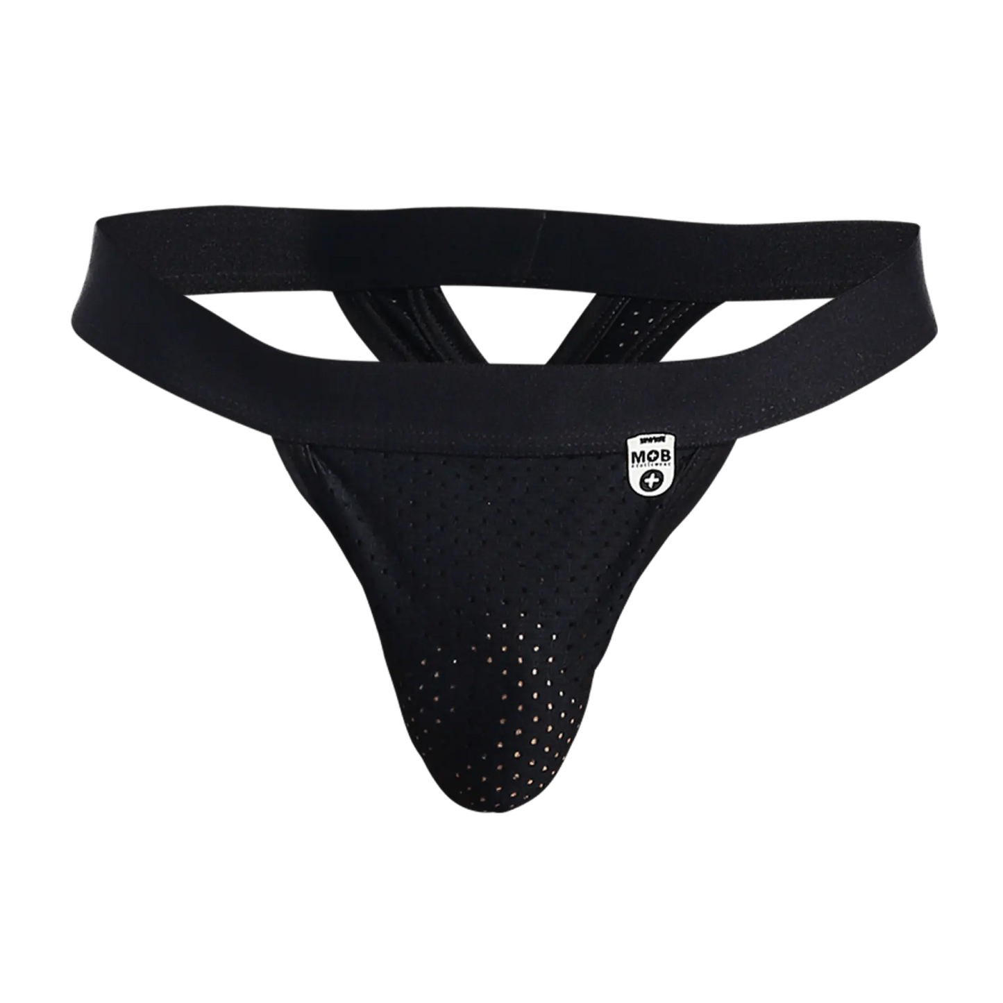 Black perforated mesh athletic supporter with wide elastic waistband and white logo patch mob mesh y thong